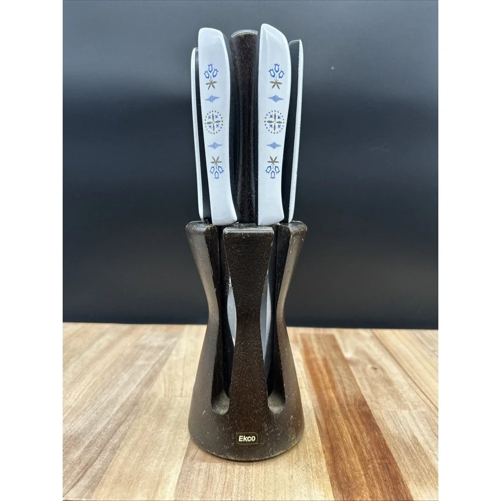 6 Vintage EKCO Vanadium‎ Dutch Tulip Steak Knives USA Hollow Ground Set w Holder